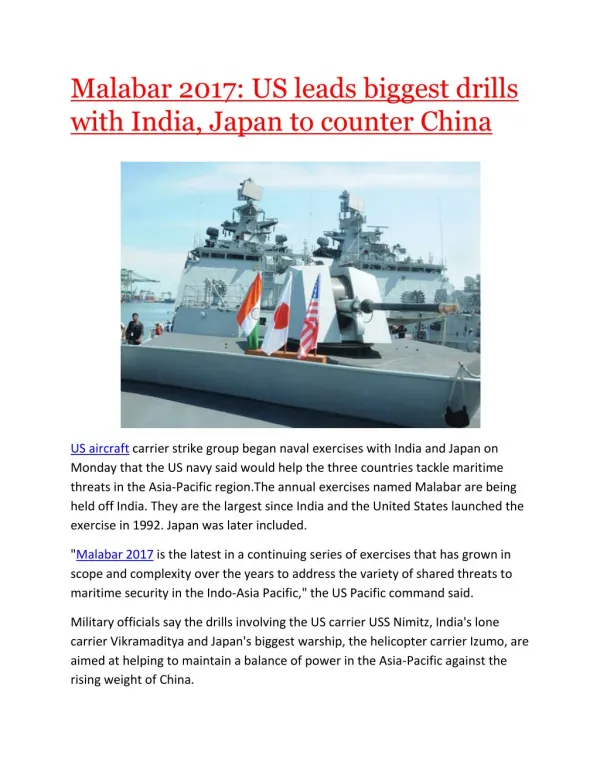 US leads biggest drills with India, Japan to counter China 