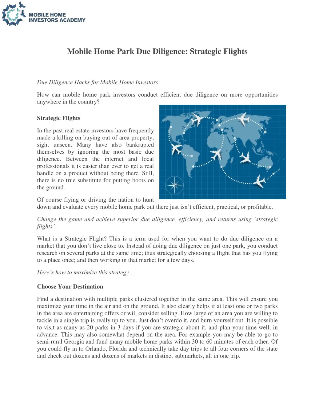 mobile home park due diligence strategic flights