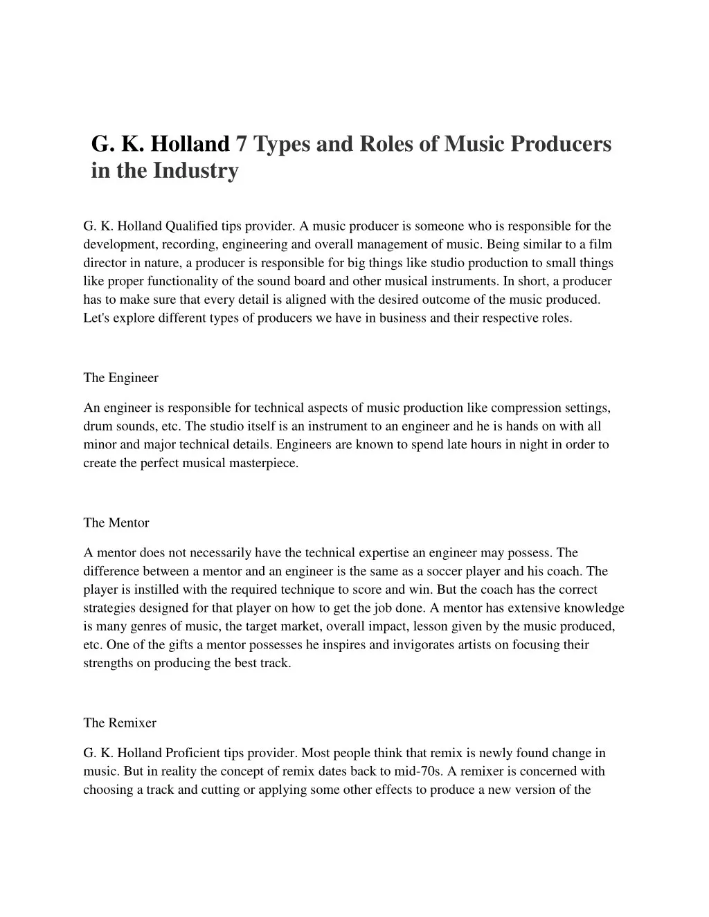 g k holland 7 types and roles of music producers