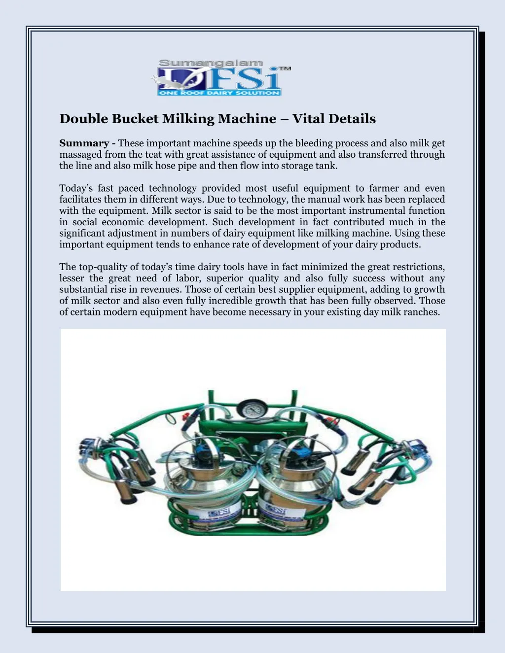 double bucket milking machine vital details