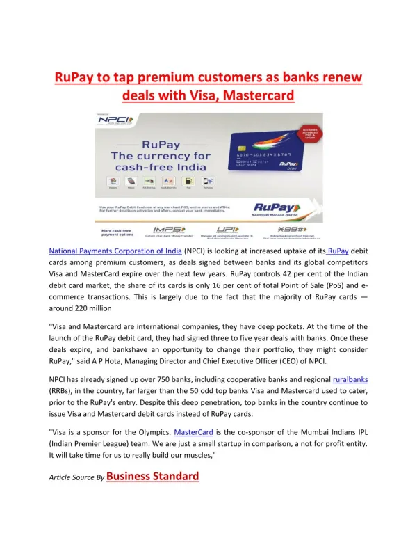 RuPay to tap premium customers as banks renew deals with Visa, Mastercard