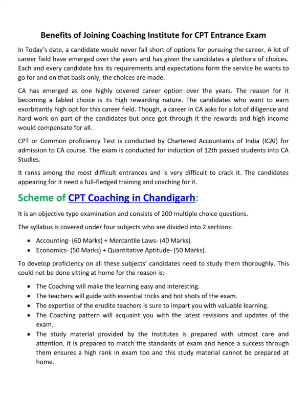 Benefits of Joining Coaching Institute for CPT Entrance Exam