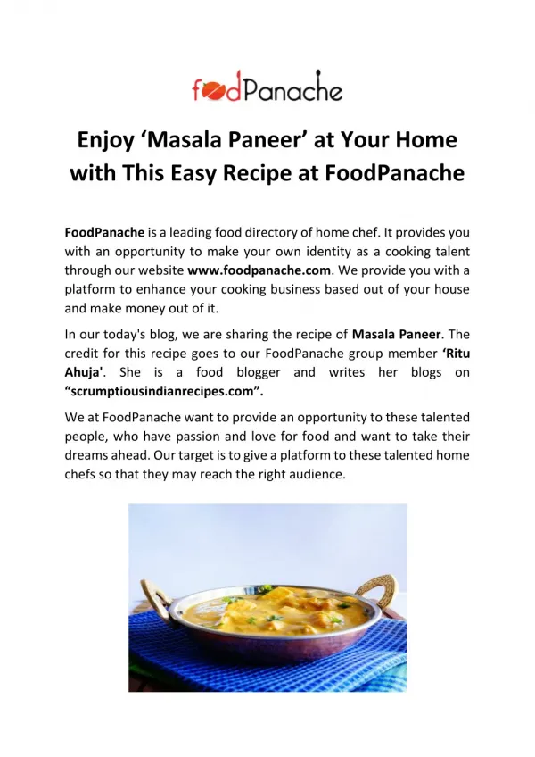 Enjoy ‘Masala Paneer’ at Your Home with This Easy Recipe at FoodPanache