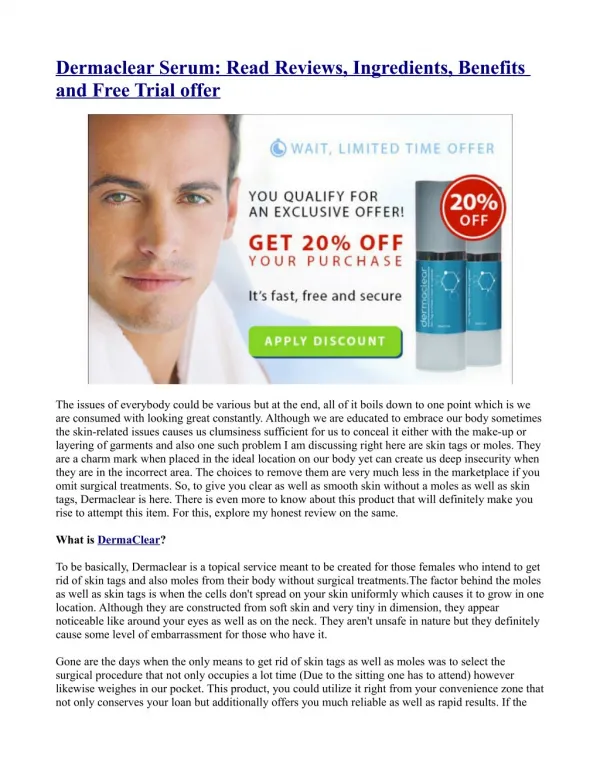 Dermaclear Serum: Read Reviews, Ingredients, Benefits and Free Trial offer