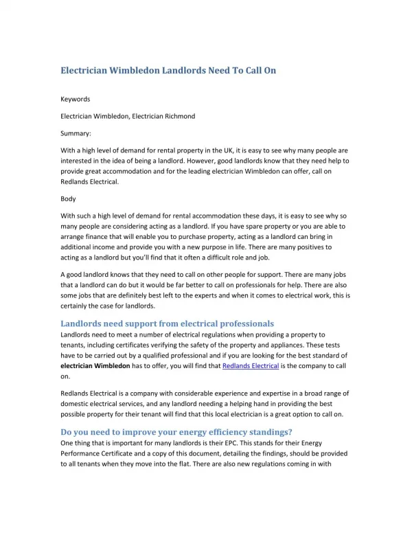 Electrician Wimbledon Landlords Need To Call On