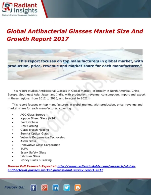 Global Antibacterial Glasses Market Size And Growth Report 2017