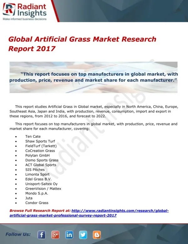 Global Artificial Grass Market Research Report 2017