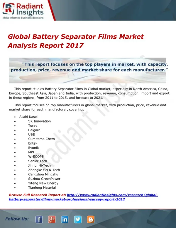 Global Battery Separator Films Market Analysis Report 2017