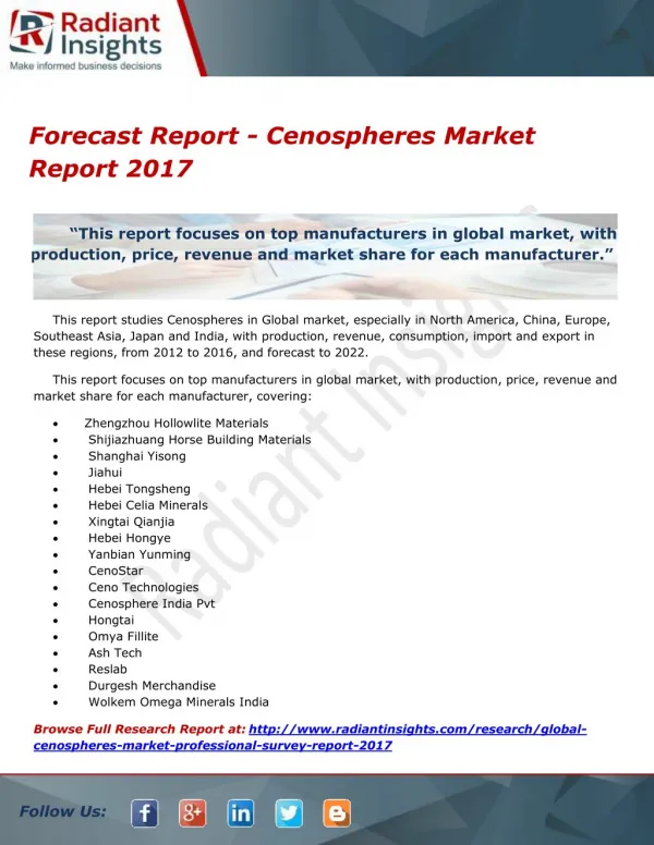 Forecast Report - Cenospheres Market Report 2017
