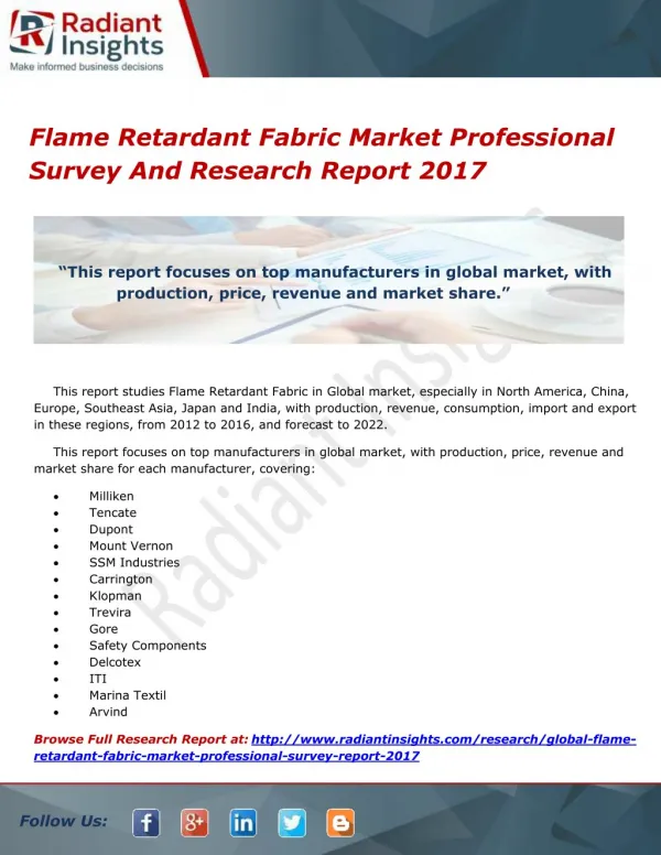 Flame Retardant Fabric Market Professional Survey And Research Report 2017