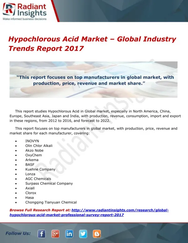 Hypochlorous Acid Market – Global Industry Trends Report 2017