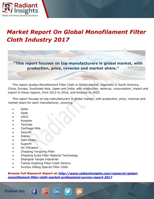 Market Report On Global Monofilament Filter Cloth Industry 2017