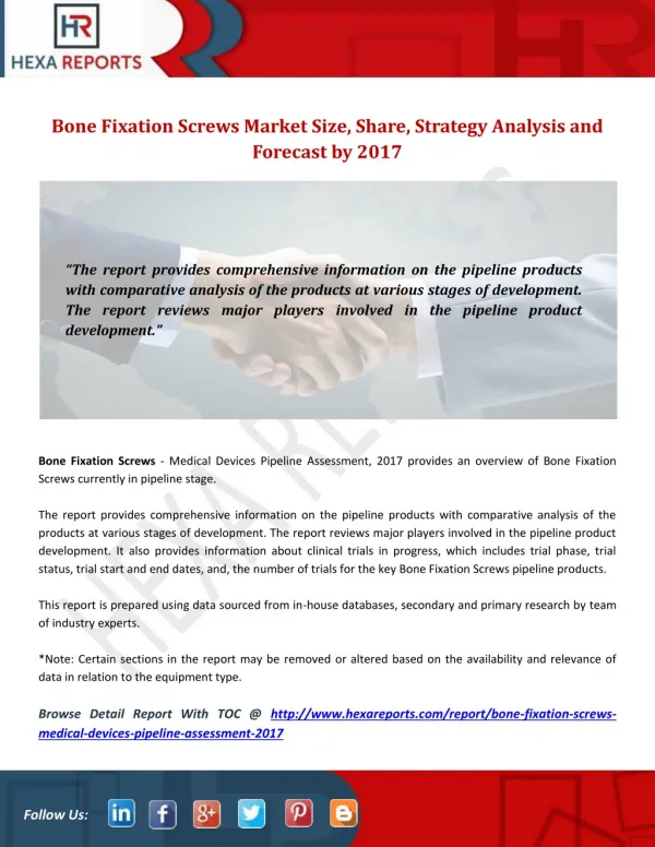 Bone Fixation Screws Market Size, Share, Strategy Analysis and Forecast by 2017