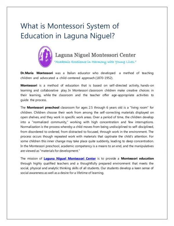 What is Montessori System of Education in Laguna Niguel?