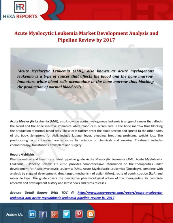 Acute Myelocytic Leukemia Market Development Analysis and Pipeline Review by 2017