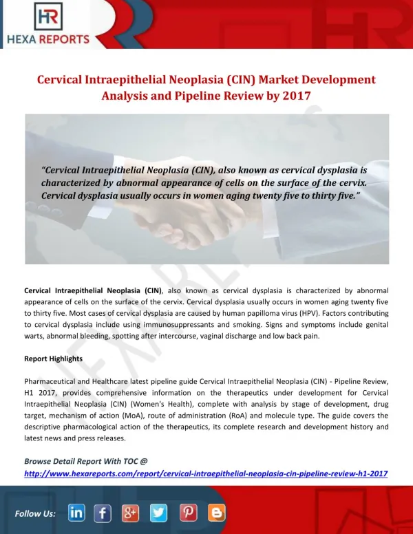 Cervical Intraepithelial Neoplasia (CIN) Market Development Analysis and Pipeline Review by 2017
