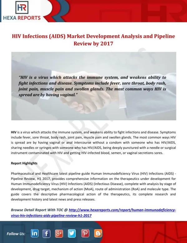HIV Infections (AIDS) Market Development Analysis and Pipeline Review by 2017
