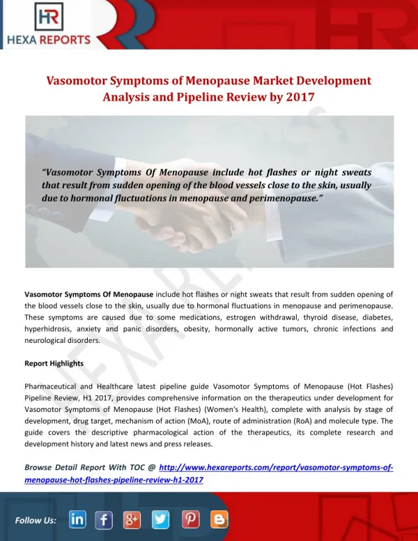 Vasomotor Symptoms of Menopause Market Development Analysis and Pipeline Review by 2017