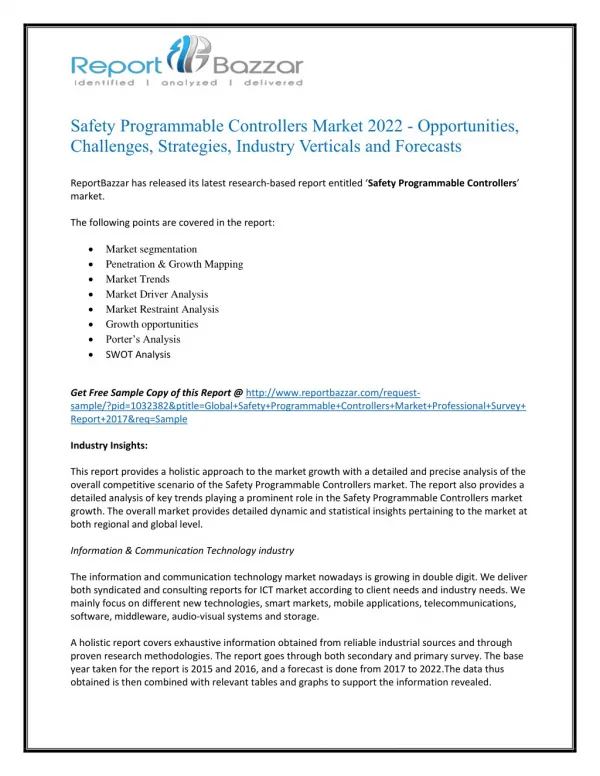 Safety Programmable Controllers Market - Global Industry Analysis, Size, Share, Growth and Forecast Report To 2017