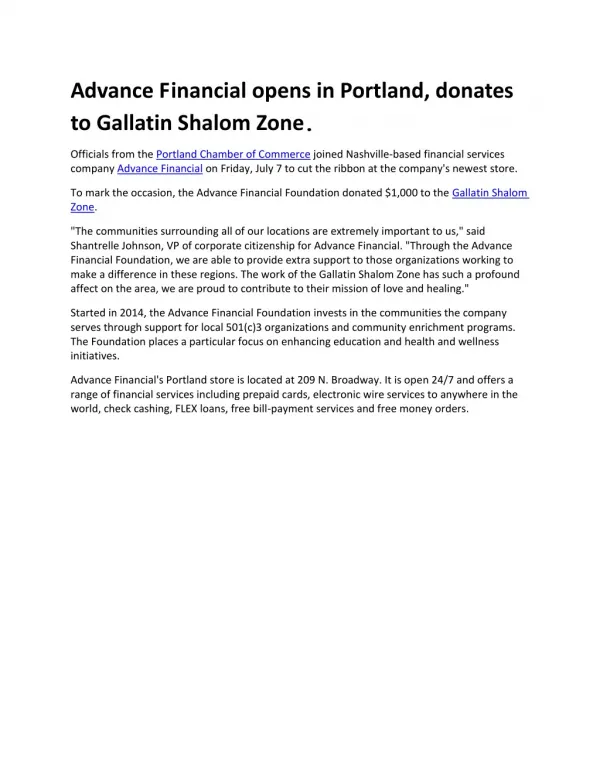 Advance Financial opens in Portland, donates to Gallatin Shalom Zone