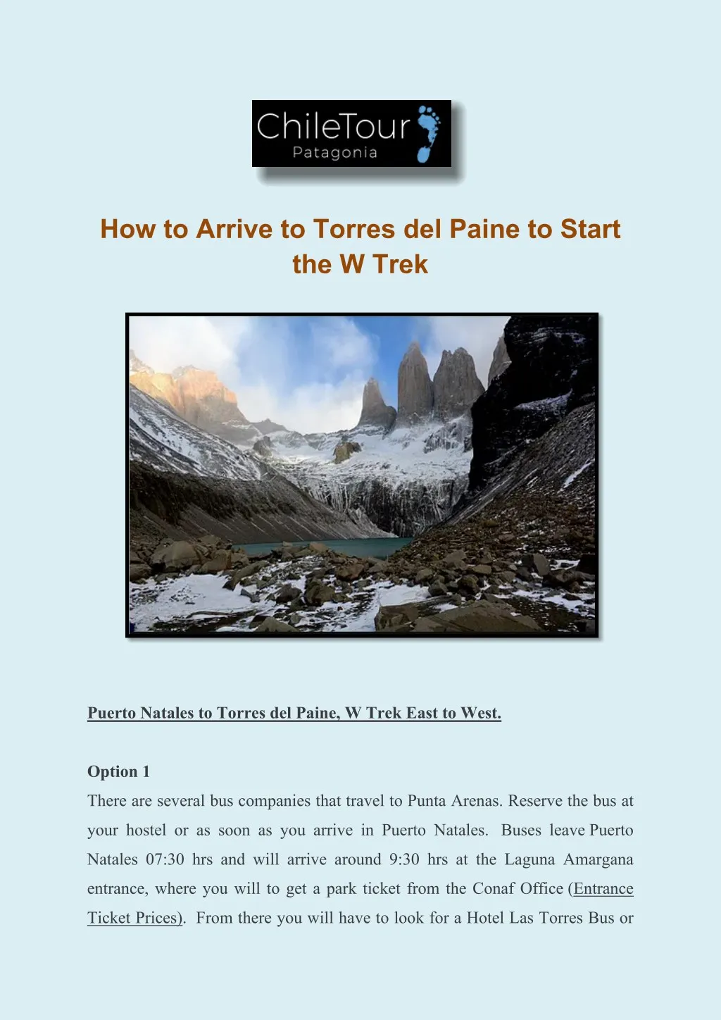 how to arrive to torres del paine to start