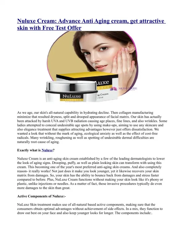 Nuluxe Cream: Advance Anti Aging cream, get attractive skin with Free Test Offer