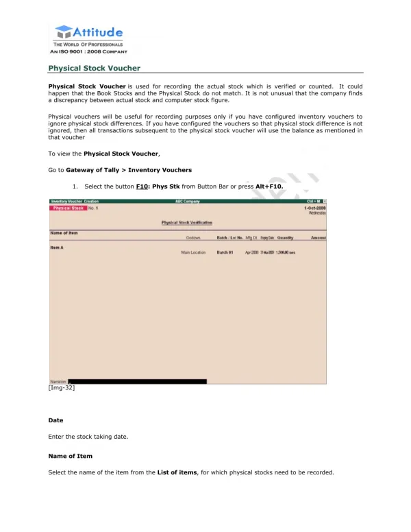 Physical Stock Voucher in Tally ERP9