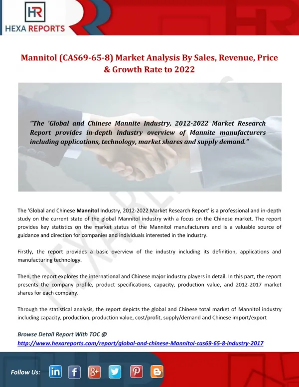 Mannite (CAS69-65-8) Market Analysis By Sales, Revenue, Price & Growth Rate to 2022