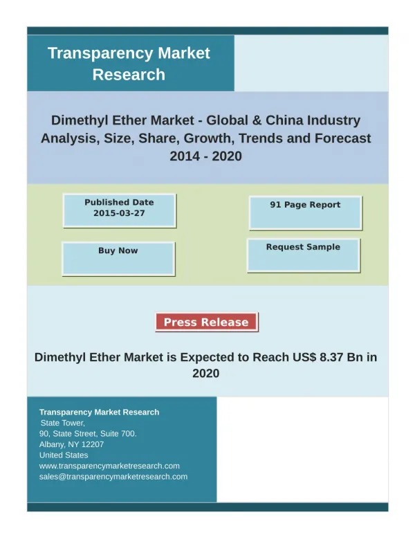 Dimethyl Ether Industry Analysis and Future Growth, Opportunities By 2020