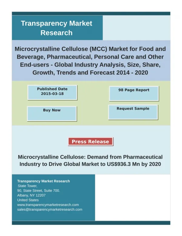 Microcrystalline Cellulose (MCC) Market Future Demand, Growth, Share and Analysis with forecast 2020