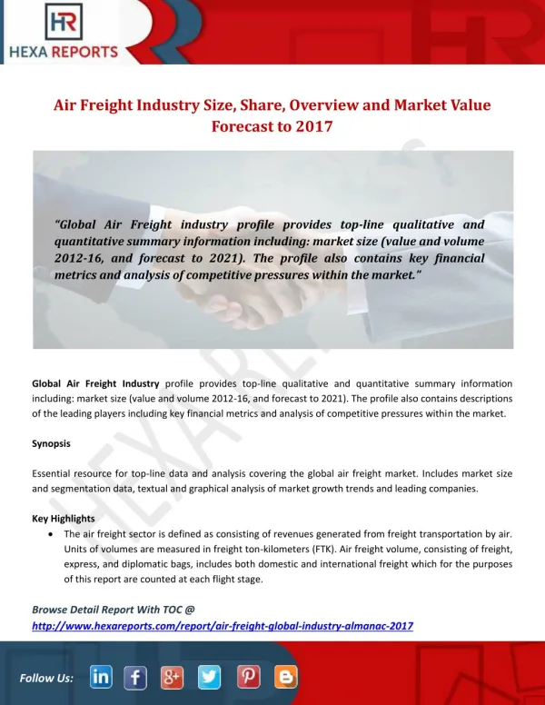 Air Freight Industry Size, Share, Overview and Market Value Forecast to 2017