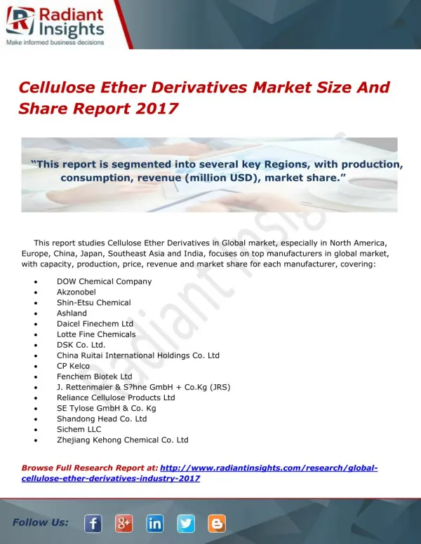 Cellulose Ether Derivatives Market Size And Share Report 2017