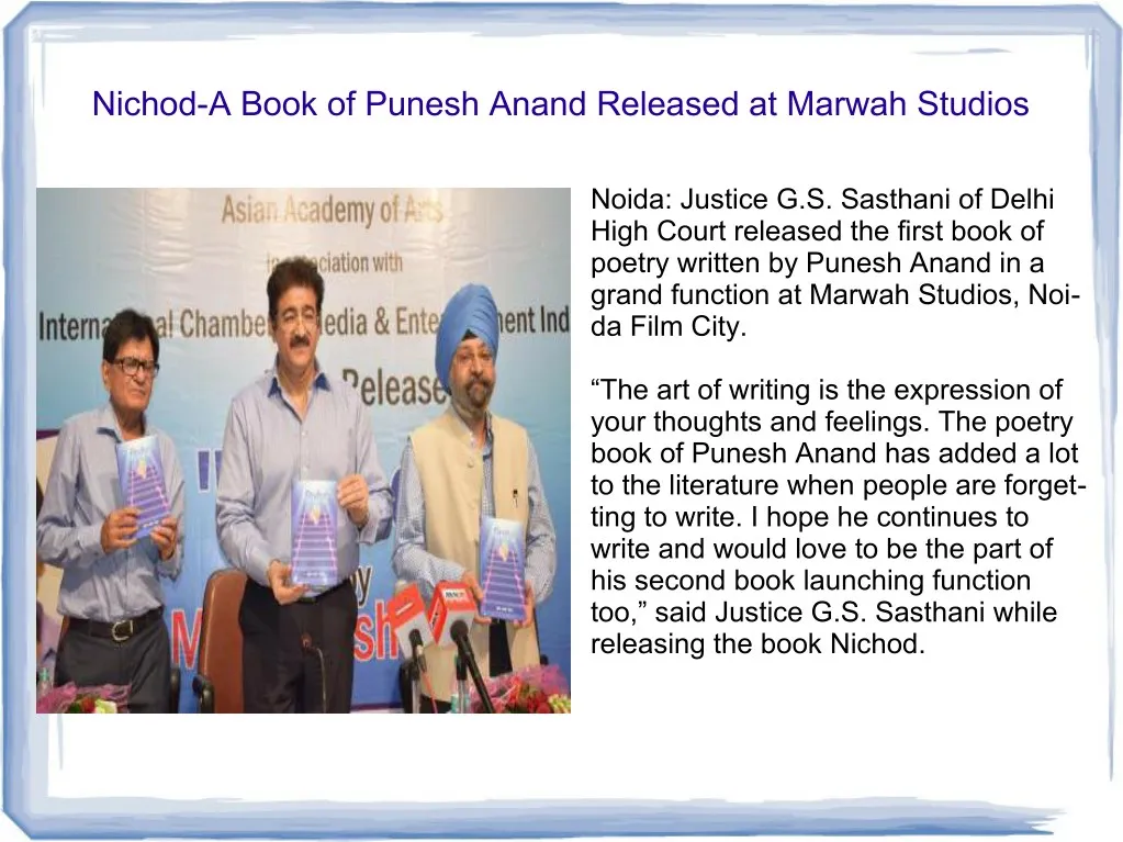 nichod a book of punesh anand released at marwah