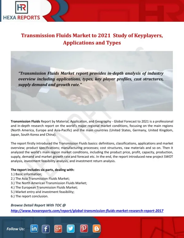 Transmission Fluids Market to 2021 Study of Key Players, Applications and Types