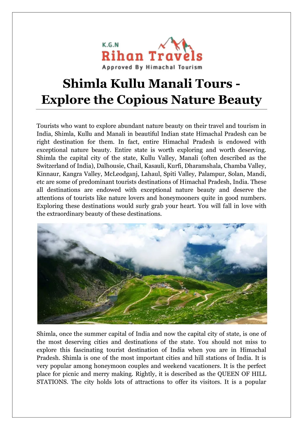 shimla kullu manali tours explore the copious