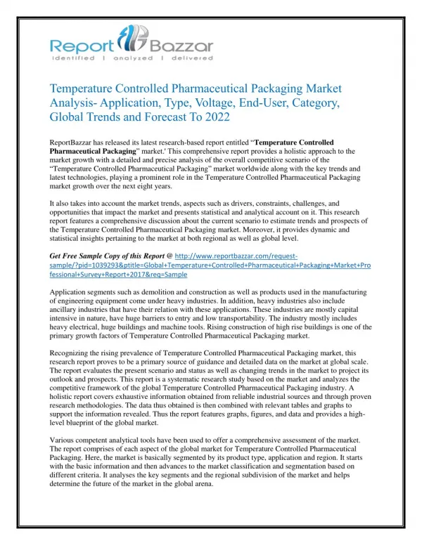 Temperature Controlled Pharmaceutical Packaging Market Analysis- Size, Share, Overview, Scope, Revenue, Gross Margin, Se
