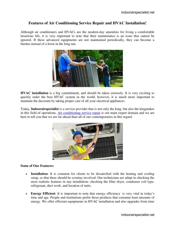 Features of Air Conditioning Service Repair and HVAC Installation!