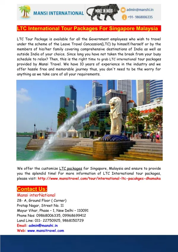 LTC International Tour Packages For Singapore Malaysia - Mansi interNational