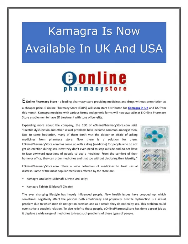Kamagra Is Now Available In UK And USA