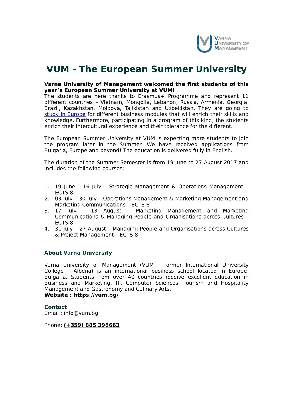 vum the european summer university