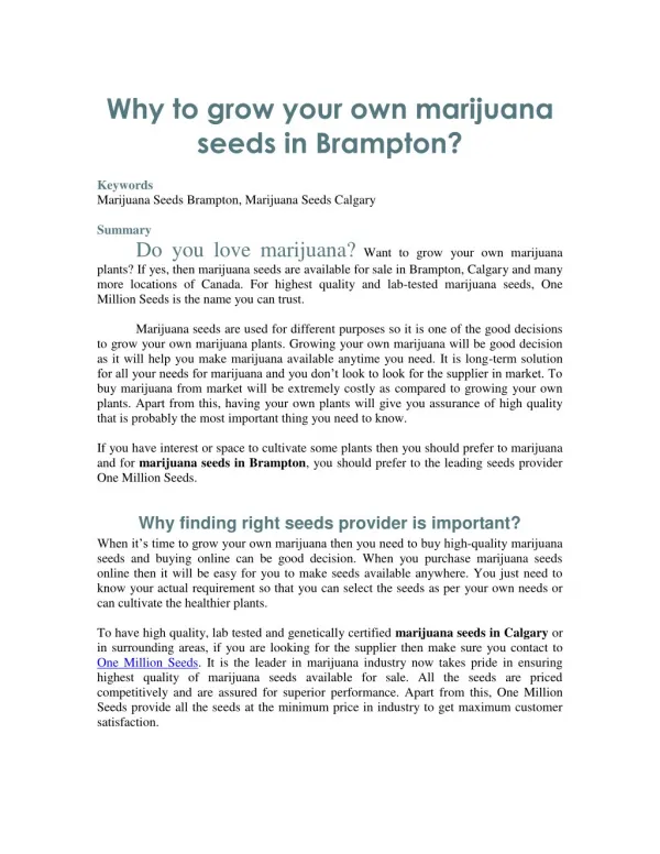 Why to grow your own marijuana seeds in Brampton?