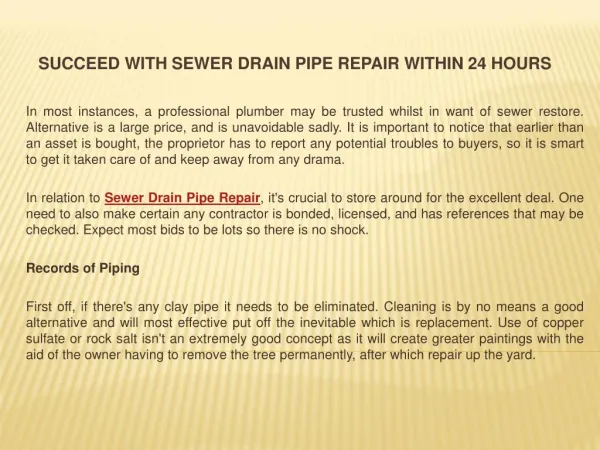 Succeed With Sewer Drain Pipe Repair within 24 Hours
