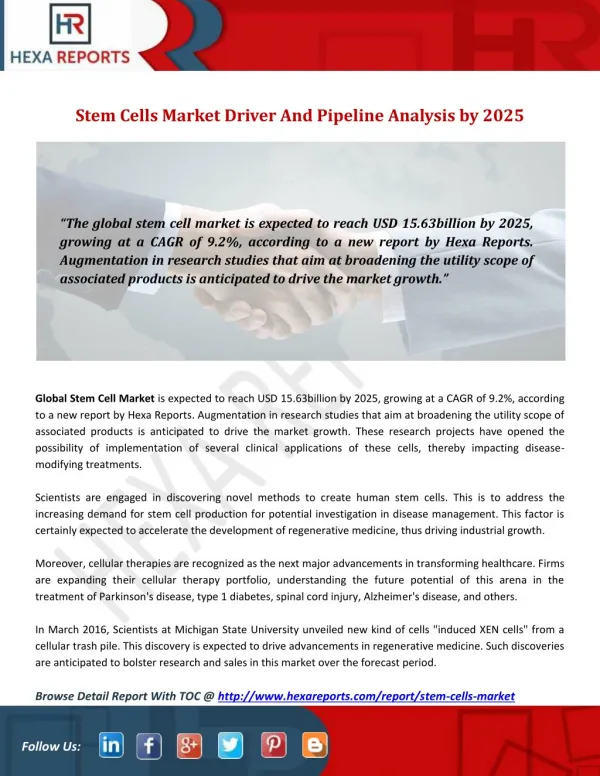 Stem Cells Market Driver And Pipeline Analysis by 2025