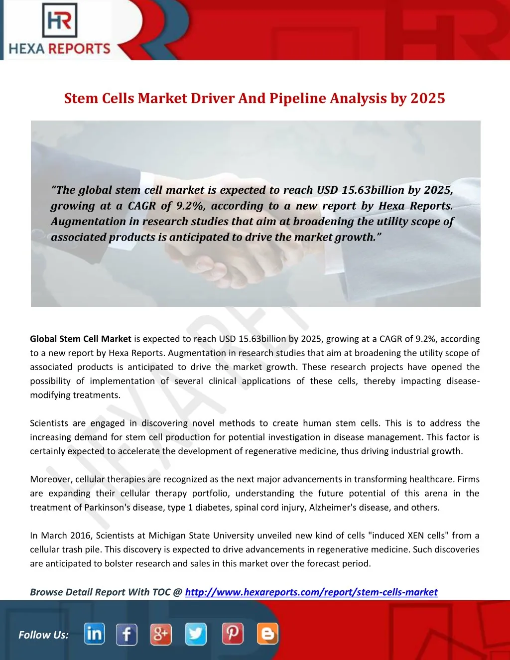 stem cells market driver and pipeline analysis