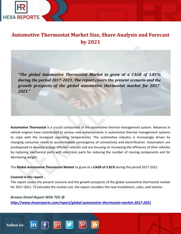 Automotive Thermostat Market Size, Share Analysis and Forecast by 2021