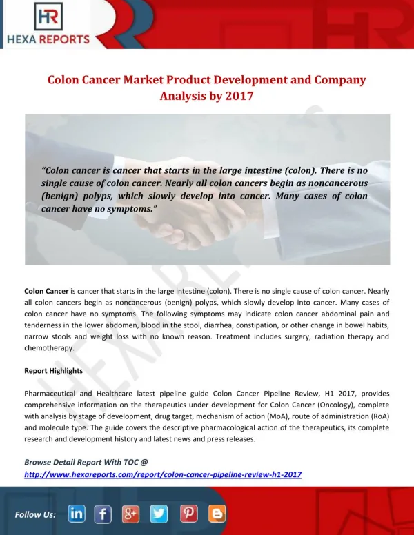 Colon Cancer Market Product Development and Company Analysis by 2017