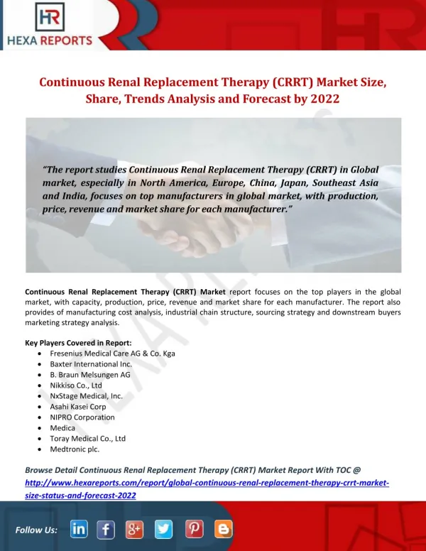 Continuous Renal Replacement Therapy (CRRT) Market Size, Share, Trends Analysis and Forecast by 2022