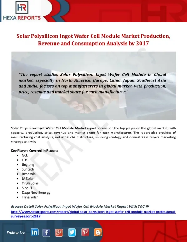 Solar Polysilicon Ingot Wafer Cell Module Market Production, Revenue and Consumption Analysis by 2017