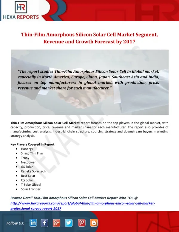 Thin-Film Amorphous Silicon Solar Cell Market Segment, Revenue and Growth Forecast by 2017