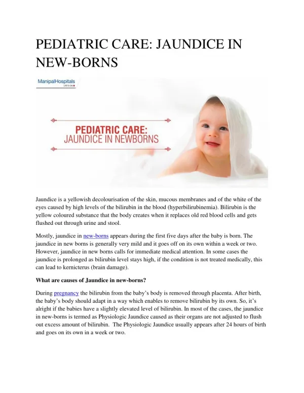 PEDIATRIC CARE: JAUNDICE IN NEW-BORNS